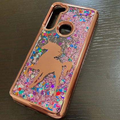 For Motorola Moto G Stylus - Floating LIQUID Glitter TPU Case Rose Gold Unicorn - Place Wireless
