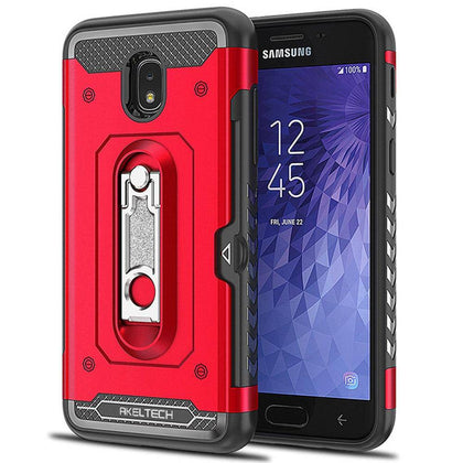For Samsung Galaxy J3 2018/Orbit/Aura/Amp Prime 3/Express Prime 3/Sol 3 Case Dual Layer Armor Metal Stand & Card Holder Cover|Fitted Cases|  + 1 Tempered Glass Screen Protector - Place Wireless