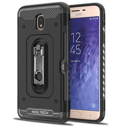 For Samsung Galaxy J7 2018/J7 V 2nd Gen/Crown/Star/Aura/Aero/Top/Refine/Eon Case Dual Layer Armor Metal Stand&Card Holder Cover|Fitted Cases| + 1 pcs Tempered Glass Screen Protector - Place Wireless