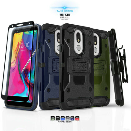 for LG STYLO 5 / 5 plus Tank Cover Phone Case & Holster +Tempered Glass - Place Wireless