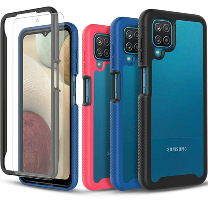 For Samsung Galaxy A12 Case, Transparent Rugged Cover + Tempered Glass Protector