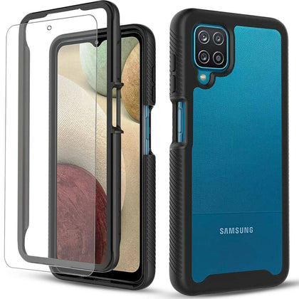 For Samsung Galaxy A12 Case, Transparent Rugged Cover + Tempered Glass Protector