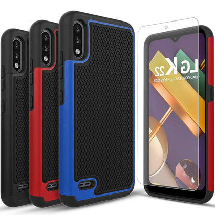 For LG K22 / K22 Plus Case, Shockproof Armor Cover + Tempered Glass Protector