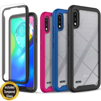 For LG K22 / K22 Plus Case, Transparent Rugged Cover + Tempered Glass Protector
