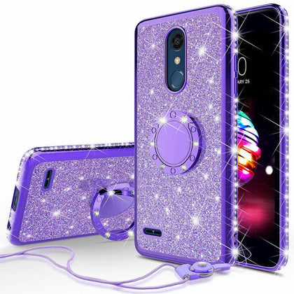 LG K30/LG Premier Pro/K10 2018 Glitter Bling Girls Phone Case Ring Stand Purple - Place Wireless