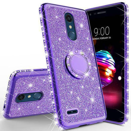 LG K30/LG Premier Pro/K10 2018 Glitter Bling Girls Phone Case Ring Stand Purple - Place Wireless