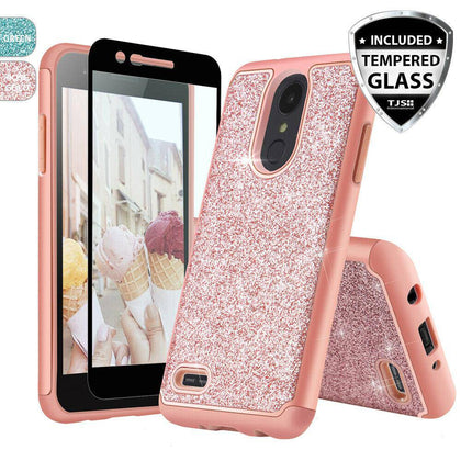 For LG Aristo 3, Aristo 2,Risio 3, Phoenix 4,Tribute Dynasty, Tribute Empire, Zone 4, Rebel 3, Rebel 4, Fortune 2, LG V3 2018 Case, Bling Glitter Armor +Tempered Glass - Place Wireless