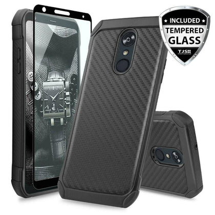 For LG K40/Xpression Plus 2/Solo LTE Case Carbon Fiber TPU Armor +Tempered Glass - Place Wireless