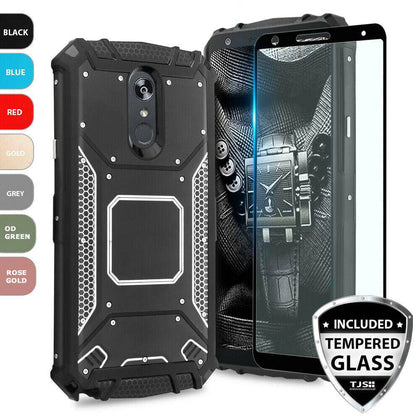 For LG Stylo 4/4 PlusCase Metal Plate Magnetic Support Hard Cover+Black Tempered Glass - Place Wireless