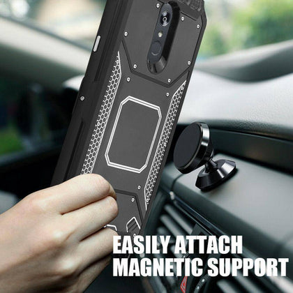 For LG Stylo 4/4 PlusCase Metal Plate Magnetic Support Hard Cover+Black Tempered Glass - Place Wireless