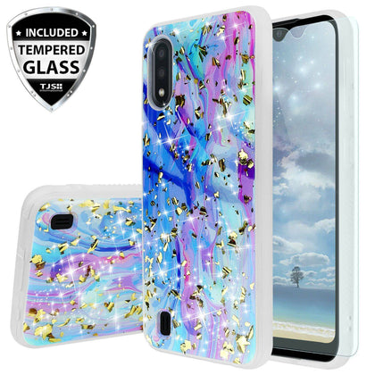 For Samsung Galaxy A01 Colorful Marble Glitter Bling TPU Case +Tempered Glass - Place Wireless