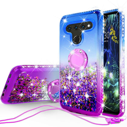 For LG V50 ThinQ 5G, Ring Stand Liquid Glitter Phone Case w/Kickstand - Place Wireless