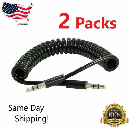 2x 3ft Spring Coiled 3.5mm Aux Cable Stereo Audio Auxiliary Cord (2-Pack) - Place Wireless