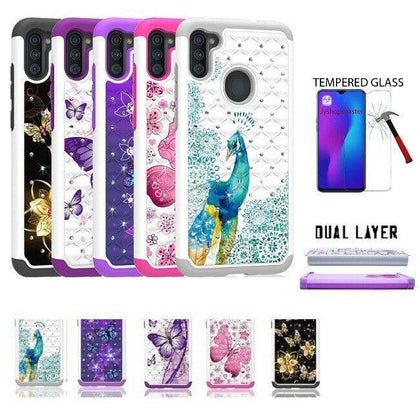 For Samsung Galaxy A11, Studded Rhinestone Crystal Cover Case + Tempered Glass - Place Wireless