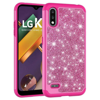 For LG K22 K32 5G Glitter Bling Shinny Hybrid Case Cover+Tempered Glass