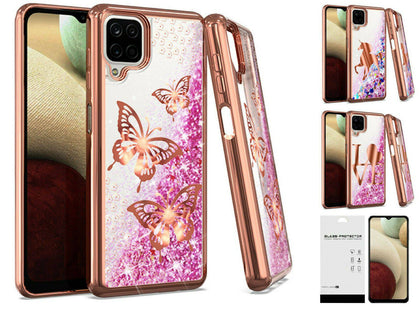 For Samsung Galaxy A12 SM-A125 Liquid Glitter Case Phone Cover + Tempered Glass