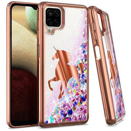 For Samsung Galaxy A12 SM-A125 Liquid Glitter Case Phone Cover + Tempered Glass