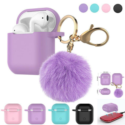 Airpods Silicone Charging Case Cover w/Keychain Fur Ball For Apple AirPods 1/2 - Place Wireless