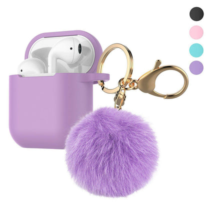 Airpods Silicone Charging Case Cover w/Keychain Fur Ball For Apple AirPods 1/2 - Place Wireless