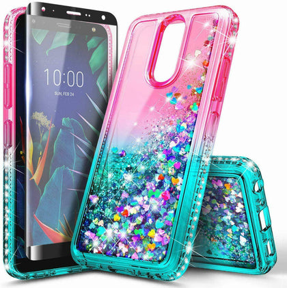 For LG K40/Xpression Plus 2/Solo Case Liquid Glitter Bling Cover +Tempered Glass - Place Wireless