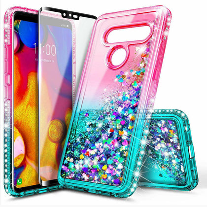 For LG V40 ThinQ / V40 Case Liquid Glitter Bling Cover + Tempered Glass - Place Wireless