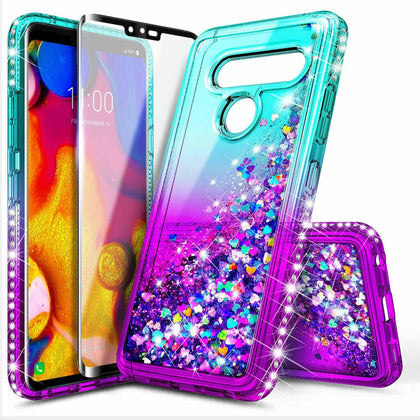 For LG V40 ThinQ / V40 Case Liquid Glitter Bling Cover + Tempered Glass - Place Wireless