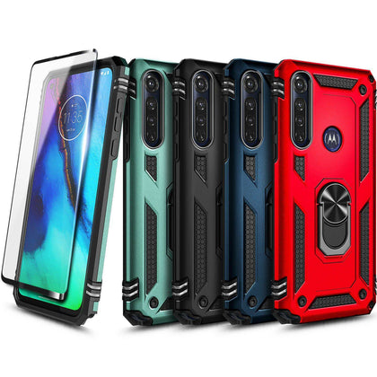 For Motorola Moto G Fast Case Ring Stand Phone Cover + Tempered Glass Protector - Place Wireless