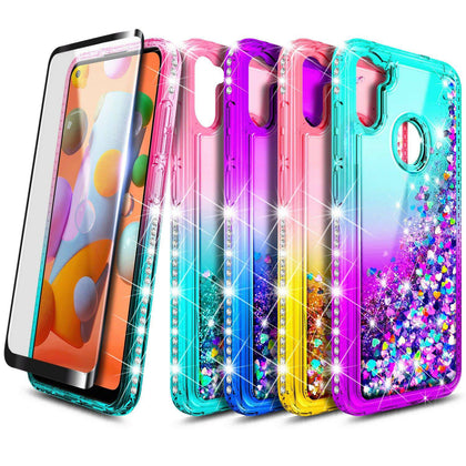 For Samsung Galaxy A11 Case Liquid Glitter Bling Cover +Tempered Glass Protector - Place Wireless