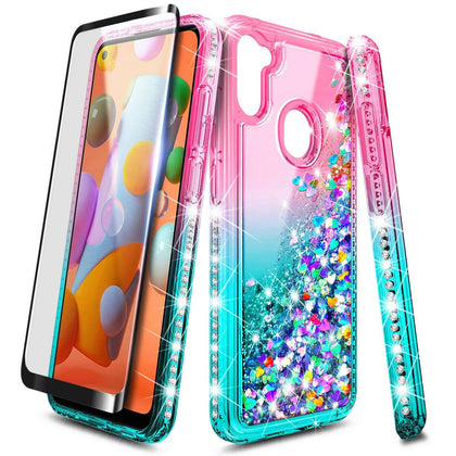 For Samsung Galaxy A11 Case Liquid Glitter Bling Cover +Tempered Glass Protector - Place Wireless