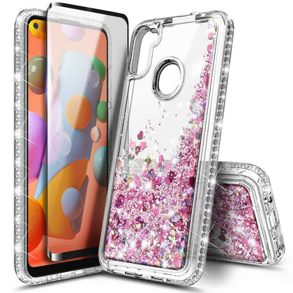 For Samsung Galaxy A11 Phone Case Liquid Glitter Bling Cover + Tempered Glass - Place Wireless