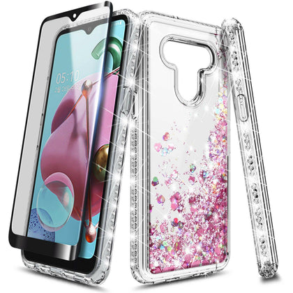 For LG Stylo 6 Case, Liquid Glitter Bling Phone Cover + Tempered Glass Protector - Place Wireless