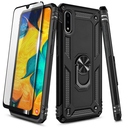 For Samsung Galaxy A01 Case, Ring Stand Phone Cover + Tempered Glass Protector - Place Wireless