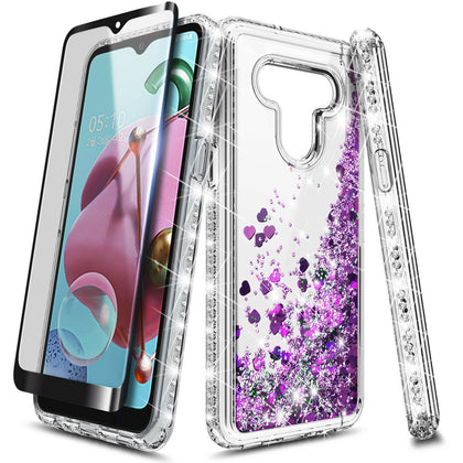 For LG K51 / Reflect Case, Liquid Glitter Phone Cover + Tempered Glass Protector - Place Wireless