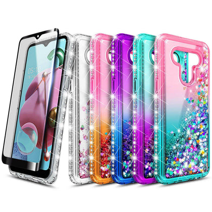 For LG K51 / Reflect Case, Liquid Glitter Phone Cover + Tempered Glass Protector - Place Wireless