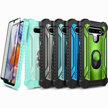 For LG Stylo 6 Case Full Body Ring Stand Phone Cover + Tempered Glass Protector - Place Wireless
