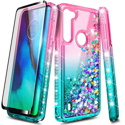 For Motorola Moto G8 Power Lite Case Liquid Glitter Bling Cover + Tempered Glass - Place Wireless