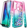 For Motorola Moto G8 Power Lite Case Liquid Glitter Bling Cover + Tempered Glass