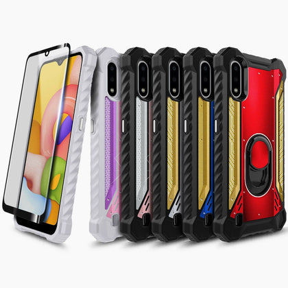 For Samsung Galaxy A01 Case, Full Body Ring Stand Phone Cover + Tempered Glass - Place Wireless