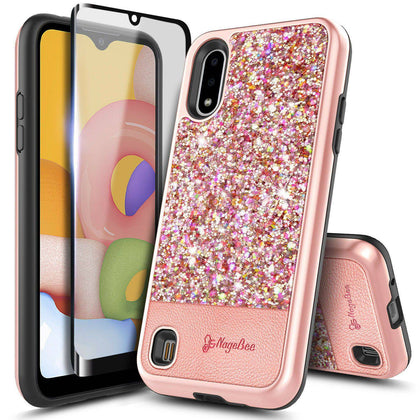 For Samsung Galaxy A01 Case Glitter Bling Phone Cover + Tempered Glass Protector - Place Wireless