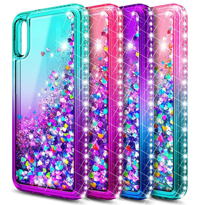 For Samsung Galaxy A01 Case, Liquid Glitter Phone Cover + Glass Screen Protector - Place Wireless