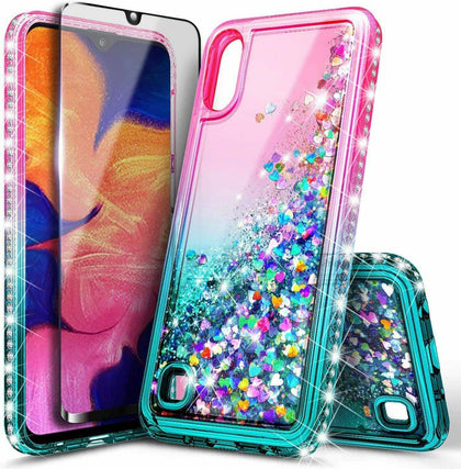 For Samsung Galaxy A01 Case, Liquid Glitter Phone Cover + Glass Screen Protector - Place Wireless