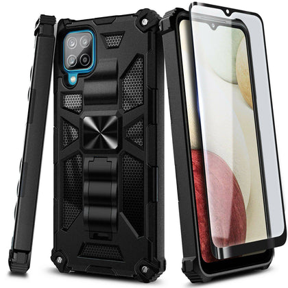 Case For Samsung Galaxy A12, Full Body Armor Kickstand Cover + Tempered Glass