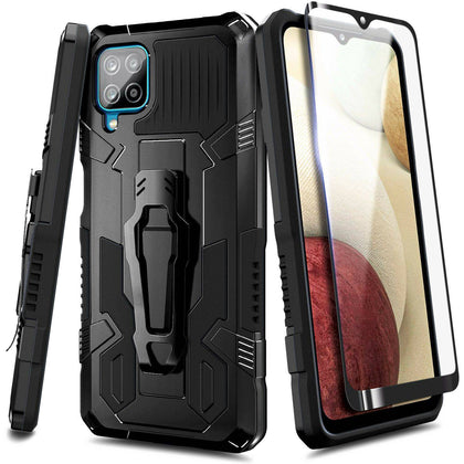 Case For Samsung Galaxy A12, Shockproof Belt Clip Stand Cover + Tempered Glass
