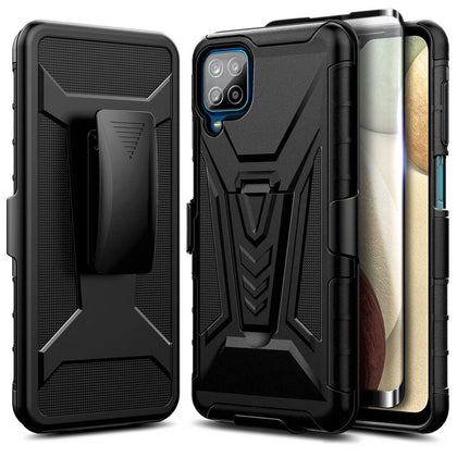 For Samsung Galaxy A12 Case, Holster Belt Clip Kickstand Cover + Tempered Glass