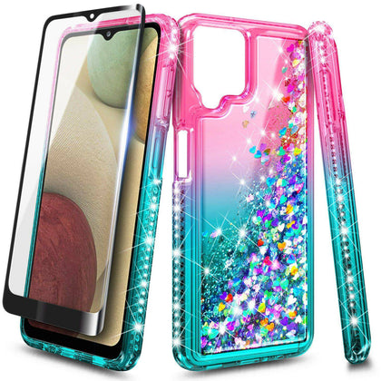 For Samsung Galaxy A12 Case Liquid Glitter Phone Cover + Glass Screen Protector