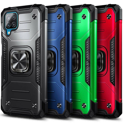 For Samsung Galaxy A12 Case, Shockproof Ring Stand Armor Cover + Tempered Glass