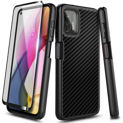 For Motorola Moto g Stylus (2021) Shockproof Carbon Fiber Case + Tempered Glass