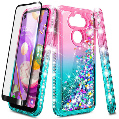 For LG Aristo 5 Case Liquid Glitter Bling Phone Cover + Tempered Glass Protector - Place Wireless