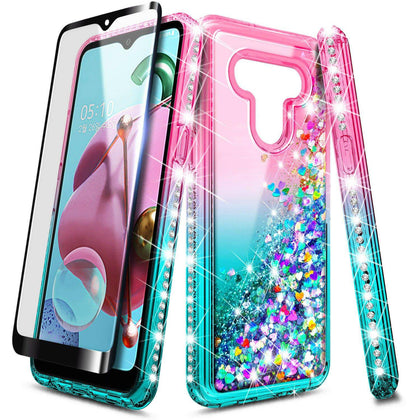 For LG K51 / Reflect Case, Liquid Glitter Phone Cover + Tempered Glass Protector - Place Wireless