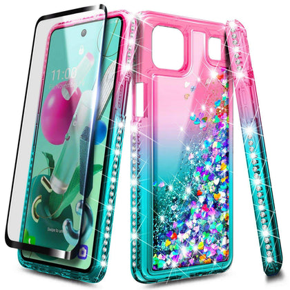 For LG K92 5G Case, Liquid Glitter Bling Phone Cover + Tempered Glass Protector - Place Wireless